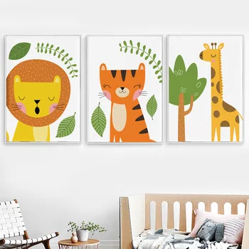 Roztomilý Lev, Tygr, Žirafa, Zebra Kreslený Nordic Plakáty A Tisky Wall Art Malířské Plátno Školky Zeď Obrázky, Děti Pokoj Dekor