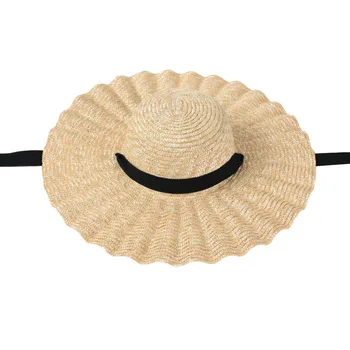 USPOP velká vlna okraj slaměné klobouky ženy krajka-up pláž, klobouky, dlouhá stuha přírodní pšeničné slámy klobouky