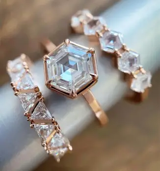3ks/Set Nádherné Rose Gold Plated Svatební Set Princezna Vyjmout Bílý Zirkon Prsten Crystal Svatební prsten Zásnubní Prsten Šperky Dárky