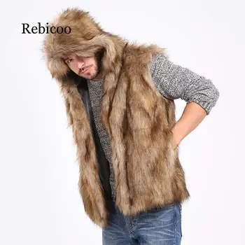 2019 umělé kožešiny pánská vesta s kapucí a nadýchaná slim teplé a pohodlné sako