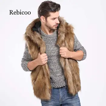 2019 umělé kožešiny pánská vesta s kapucí a nadýchaná slim teplé a pohodlné sako