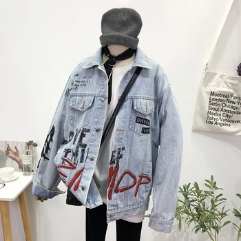 Nové Podzimní Harajuku Graffiti Dopisy Tisk Prát Černé Džíny bunda Hip-hop styl Volné Nadrozměrné Pár Jean bunda Streetwear
