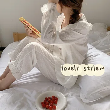 Vysoce kvalitní bílé výšivky krajky pyžama sada korejské volánky polka dot dlouhý rukáv košile oblečení na spaní kalhoty pyžama podzimní Y139