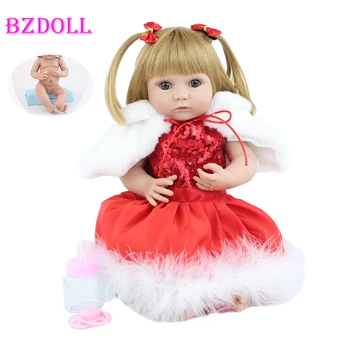 40cm Full Silikonové Tělo Blondýna Reborn Baby Doll Hračky Pro Dívky Měkký Vinyl Červené Dlouhé Šaty Mini Novorozence Panenky Dítě Vánoční Dárek