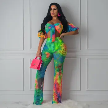 Rainbow Tie Dye Sexy Dvoudílný Set Tepláky Síťované Vydlabat Crop Top+Bodycon Kalhoty Letní Vidět Přes 2 Kus Plážové Oblečení