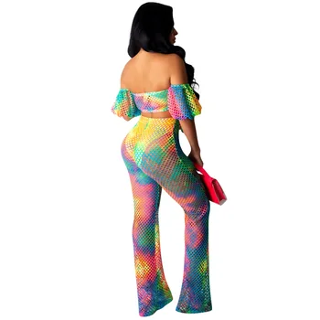 Rainbow Tie Dye Sexy Dvoudílný Set Tepláky Síťované Vydlabat Crop Top+Bodycon Kalhoty Letní Vidět Přes 2 Kus Plážové Oblečení