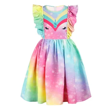 V Létě Roku 2020 Dívka Nový Jednorožec Rainbow Kulatý Výstřih Denní Šaty Ležérní Barevné Šaty Vhodné Pro Dívky 5 6 7 8 9 10 Let