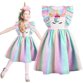 V Létě Roku 2020 Dívka Nový Jednorožec Rainbow Kulatý Výstřih Denní Šaty Ležérní Barevné Šaty Vhodné Pro Dívky 5 6 7 8 9 10 Let