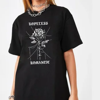 HAHAYULE-JBH Beznadějný Romantik Rose T-Shirt, Dámské, Hranatý, Módní Gothic Tričko Harajuku Stylu Streetwear Grunge Estetické Oblečení
