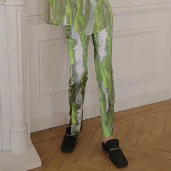 SHENGPALAE 2021 Podzim Nové Módní Ženy Ležérní Kalhoty Tie Dye Gradient Zelené Tisku Přímo Vysokým Pasem Kalhoty Módní ZC1240