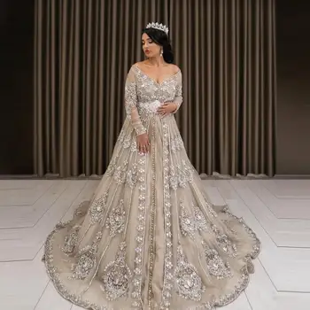 Luxusní Plně Korálky Crystal Muslimské Svatební Šaty Elegantní V Krk Dlouhý Marocké Kaftan Svatební Šaty Arabské Dubaji Plesové Šaty