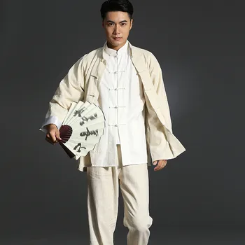 2ks Čínský Styl Bavlněné Povlečení Kabát Podzim Nové Pánské Volné Kimono Cardigan Muže Plná Barva Tang Oblek na Kung-Fu, Tai Chi Vyhovuje