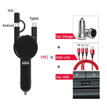 Zatahovací USB Nabíjecí Kabel, Auto Nabíječka Pro Micro-USB, Android, IPhone Typu C, Rychlé Nabíjení Auto Napájecí Adaptér, Příslušenství