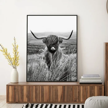 Severské Černé a Bílé Highland Kráva Tisku Statek Dekor Wall Art Malířské Plátno Zvíře Velké Plakáty Domů Ložnice Obrázky