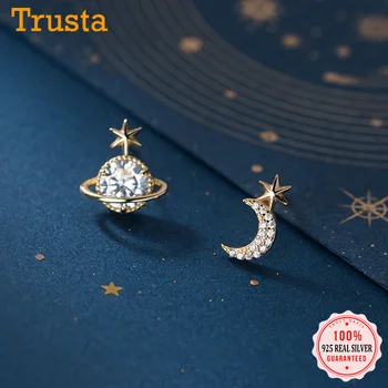 Trustdavis Real 925 Sterling Silver Módní Asymetrické Planeta, Měsíc, Hvězda Stud Náušnice Pro Ženy, Svatební Party Jemné Šperky DS2016