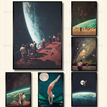 Wall Art Obraz, Plakát Pár Sen Malířské Plátno Pod Noční Oblohou Surrealismu Galaxy Space Moon Otisky Home Dekorace Ložnice