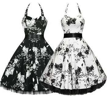 50 Lady Květinové Tisk Full Circle Podvodnících Stylu Vintage Swing Rockabilly Šaty černé bílé ženy ohlávka krk šaty