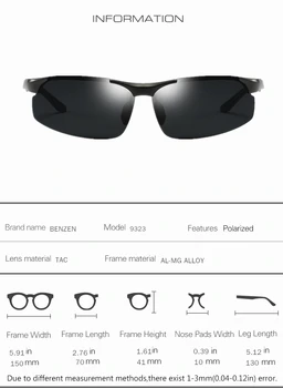 BENZEN Polarizované sluneční Brýle Muži Al Mg Sluneční Brýle Pro muže UV 400 Řidičské Brýle Sportovní Brýle Oculos Černá 9323B