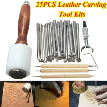25Pcs z Nerezové Oceli Kožené Pracovní SaddleMaking Nástroje Carving Kůže Řemeslo Razítka Kladivo Beveler Kit Pevný Kovový Printinting