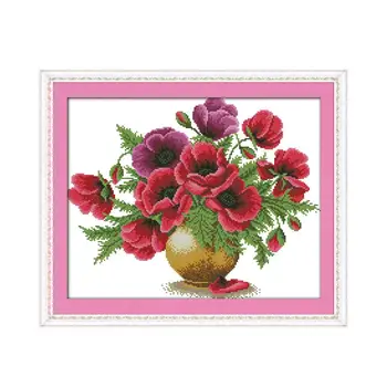 Makové květinové vázy, cross stitch kit flower 18 karátů 11ct 14ct počítají tištěné plátno šití vyšívání DIY ruční šití