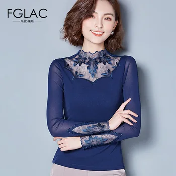 FGLAC mesh Ženy topy Nového Roku 2020 Jaro dlouhý rukáv t-košile Módní Ležérní duté, Krajkové topy Plus velikosti ženy košile blusas