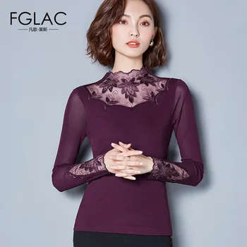 FGLAC mesh Ženy topy Nového Roku 2020 Jaro dlouhý rukáv t-košile Módní Ležérní duté, Krajkové topy Plus velikosti ženy košile blusas