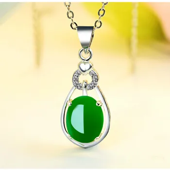 Populární 925 Stříbro, Oválný Zelený Nefrit Přívěsek Náhrdelník Chalcedony Achát Kouzlo Šperky Příslušenství Módní Amulet pro Ženy, Dárky