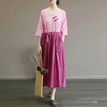 Originální střední a high-end dámské oblečení smažené bavlna, konopí retro literární disk spony šaty s pasu délka