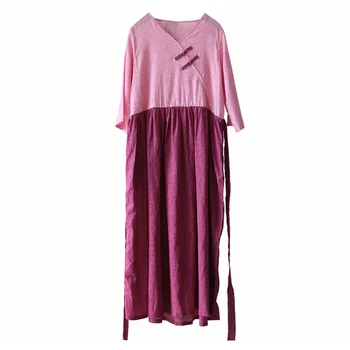 Originální střední a high-end dámské oblečení smažené bavlna, konopí retro literární disk spony šaty s pasu délka