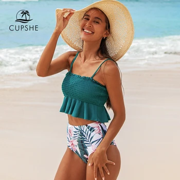 CUPSHE Zelené Květinové Vysokým Pasem Bikini Soupravy, Sexy Smocked Dvoudílné plavky Plavky Ženy Dva Kusy Plavky 2021 Dívky Beach Plavky
