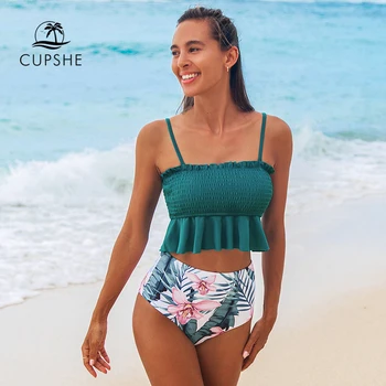 CUPSHE Zelené Květinové Vysokým Pasem Bikini Soupravy, Sexy Smocked Dvoudílné plavky Plavky Ženy Dva Kusy Plavky 2021 Dívky Beach Plavky