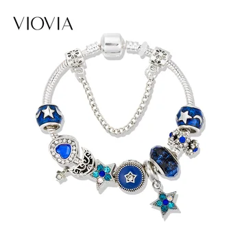 VIOVIA Značka Šperky Móda Hvězda Moon Náramek pro Ženy Blue Crystal korálky, Náramky & Náramky Pulseira Feminina B19034