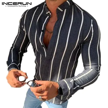 Módní Pánské Pruhované Tričko Dlouhý Rukáv Fitness Ležérní Bavlněné Košile Značky Límcem Streetwear Camisa Masculina S-3XL INCERUN