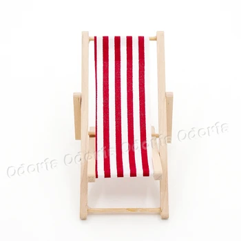 Odoria 1:12 Miniaturní Skládací Plážové Židle Červená/Modrá Pruh Dřevěný Nábytek Pro Panenky Příslušenství