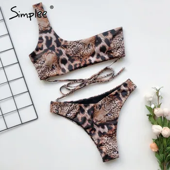 Simplee Leopard print bikini plavky na Jedno rameno sexy ženské plavky samostatné Vysoký střih bandeau plavky ženy plavky