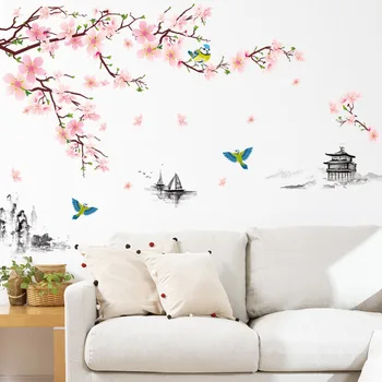 DIY Velké Tušové Malby Peach Blossom Čínský Styl Samolepky na Zeď Obývací Pokoj Pozadí Dekorace Krajiny, Plakáty