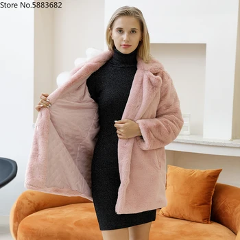 Kožichy norkové dámský 2021 Zimní Top Módní Růžové UMĚLÉ Kožešiny Kabát Elegantní Tlusté Teplé Svrchní umělé Kožešiny Bunda Chaquetas Mujer