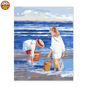 Malování podle čísel umění malovat podle počtu propen pigment blue seaside děti si hrají na pláži