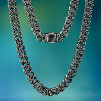 12mm Bling Ledový, Miami Cuban Link Chain Black 18/20 Inch Náhrdelník S Cz Mikro-Set Vysoce Kvalitní Rapper Řetězce Hip Hop Šperky