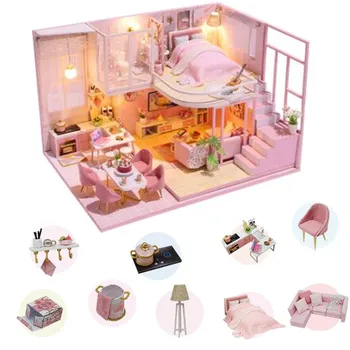 Růžové DIY Doll Dům S Nábytkem Děti Dospělé Miniaturní Dřevěný Domeček pro panenky Konstrukce Modelu Stavebnice, Panenky Domu Hračka