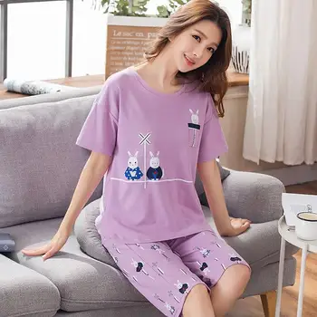 Letní Pletené Bavlny Karikatura Pyžamo Ženy, oblečení na Spaní Pyžamo Pyžama Pijama Mujer Plus velikost Lýtkové Kalhoty Domácí oblečení