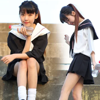 Japonské školní uniformy korejský Módní Skládaná Sukně Námořnické Školy oblek pro dívky Bílá černá krátké rukávy sada Harajuku Kawaii