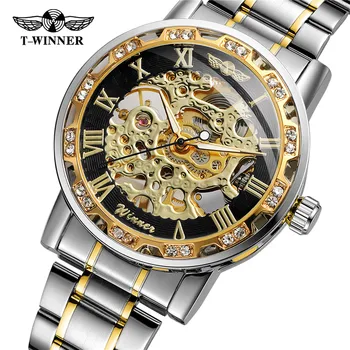 VÍTĚZ Top značky Luxusní Diamantové Světelný Pohyb řadící Muži elegantní Mužské oceli hodiny Mechanické Skeleton hodinky