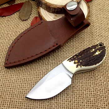 Ruční Parohy mini lovecký nůž 58HRC blade Kožené pouzdro EDC venkovní přežití malý kapesní nože Camping nástroje zakmes