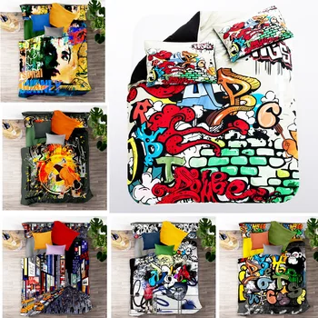 Digitální Vytištěno Peřinu Soubor Bytový Textil Sedací Kreslený Vzor Hip Hop Graffiti Jeden Dvoulůžkový Double Queen King