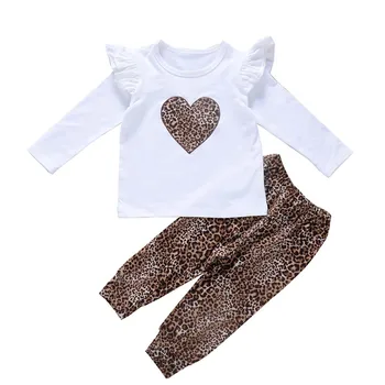 2-7Y Podzimní Kojenecká Dětská dívčí Oblečení Sady Leopard Tisk Dlouhý Rukáv Volánky T-Shirt+ Kalhoty 2ks