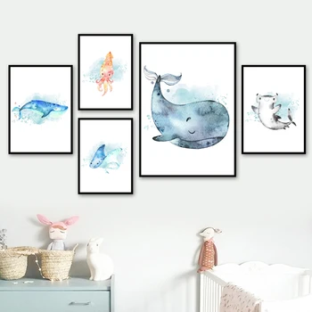 Velryby, Delfíni, Chobotnice, Žralok Wall Art Malířské Plátno Karikatura Nordic Plakáty A Tisky, Obrazy Na Stěnu Dívka, Chlapec, Děti Pokoj Dekor