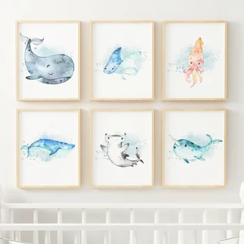 Velryby, Delfíni, Chobotnice, Žralok Wall Art Malířské Plátno Karikatura Nordic Plakáty A Tisky, Obrazy Na Stěnu Dívka, Chlapec, Děti Pokoj Dekor
