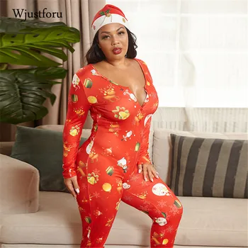 Wjustforu Plus Velikosti Kombinézu Ženy 2020 Vánoční Sexy Ženy Hluboký V-Neck Oblečení Na Spaní Tisk Romper Oblečení Pro Volný Čas, Pružnost Kombinézy