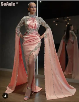 Dubaj Arabské Luxusní Krystal Večerní Šaty Dlouhé Trati Beaded Mermaid Večerní Šaty 2020 Sexy Rozdělit Večerní Party Šaty
